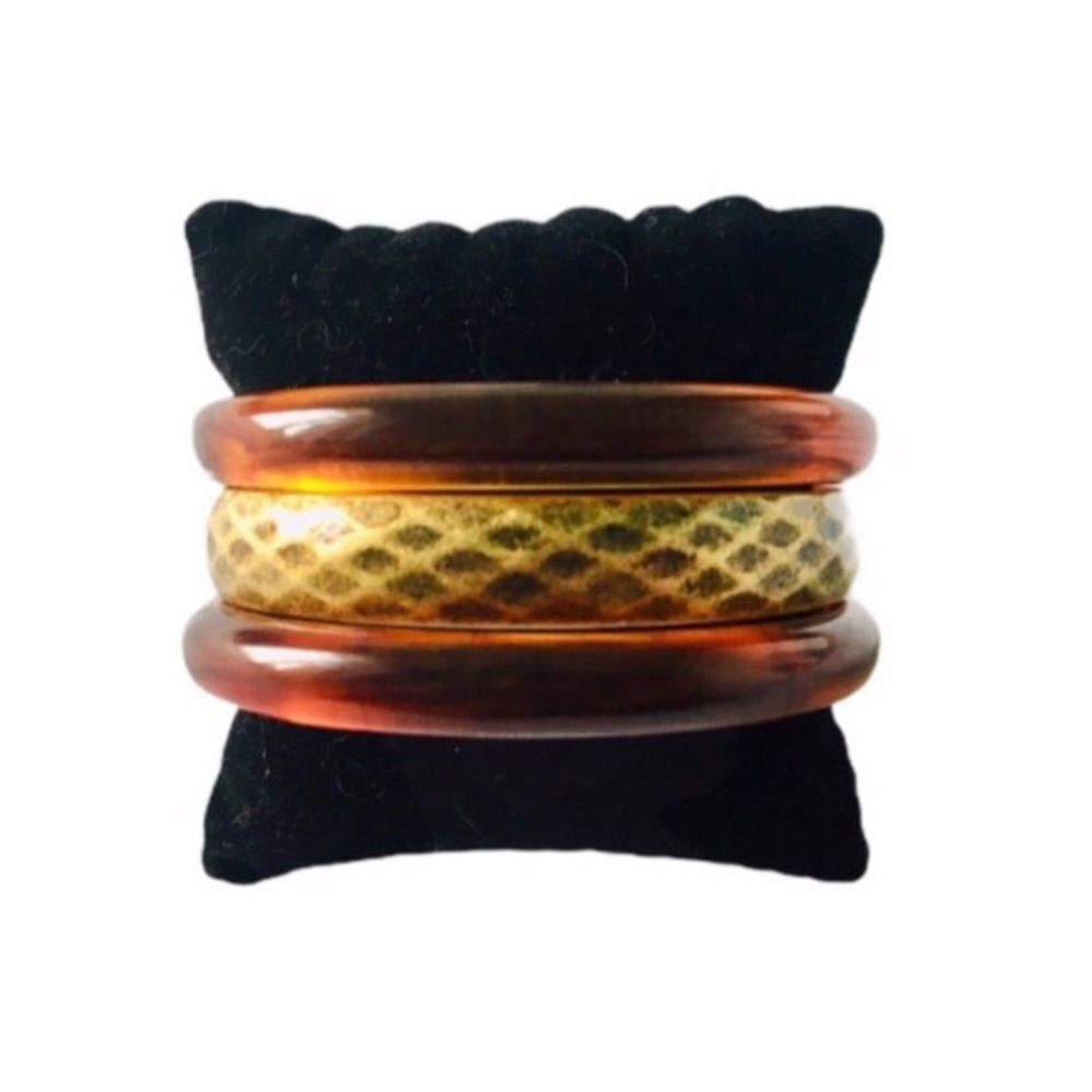 Tortoise & Gold Tone Set of 3 Faceted Chunky Bangle Bracelets Women’s Size OSFM